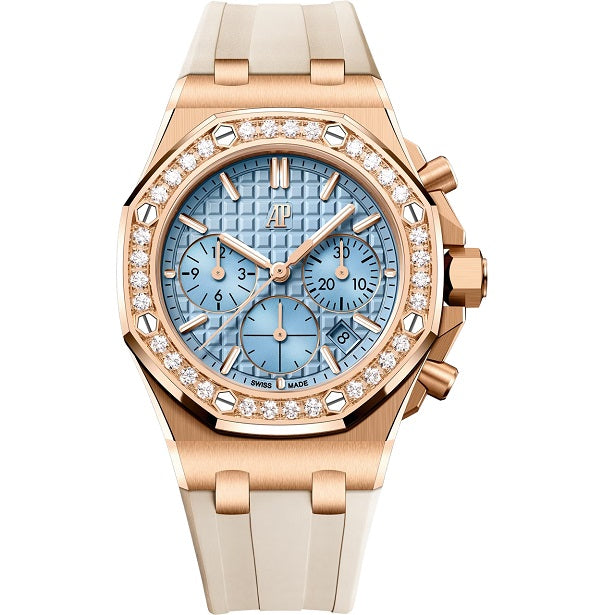 Audemars Piguet Royal Oak Offshore_Selfwinding Chronograph Luxury watch with rose gold case and beige strap on a white background