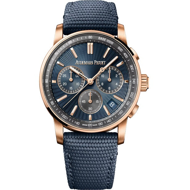 Audemars_Piguet_Selfwinding_Chronograph Luxury watch with blue strap and rose gold casing on a white background