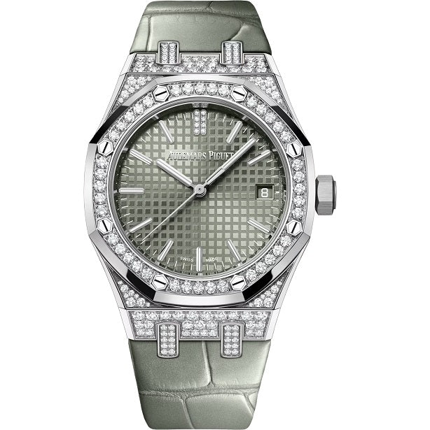 Audemars Piguet RoyalOakSelfwinding Luxury watch with diamond-encrusted case on a white background