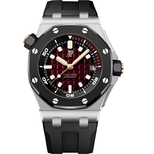 Audemars Piguet Royal_Oak_Offshore_Diver Luxury watch with a black strap and red face on a white background