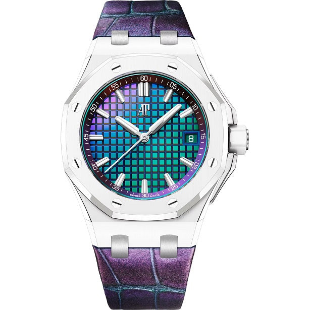 Audemars Piguet Royal_Oak_Offshore Selfwinding Watch with a colorful face and purple strap on a white background