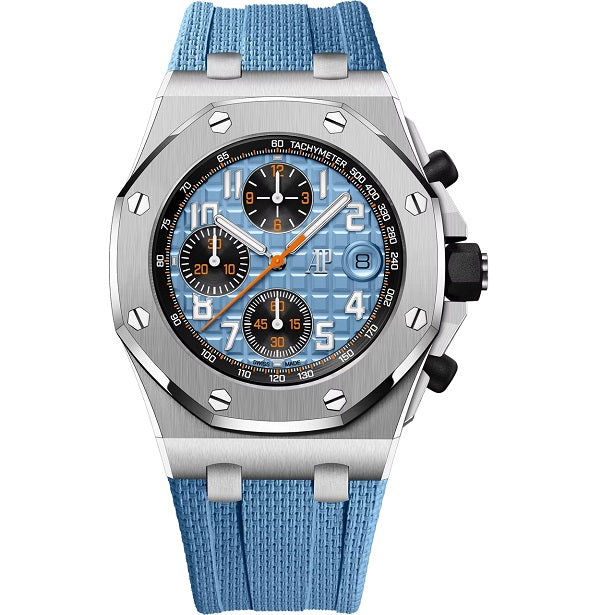 Audemars Piguet Selfwinding_Chronograph Watch with blue strap and blue dial on a white background