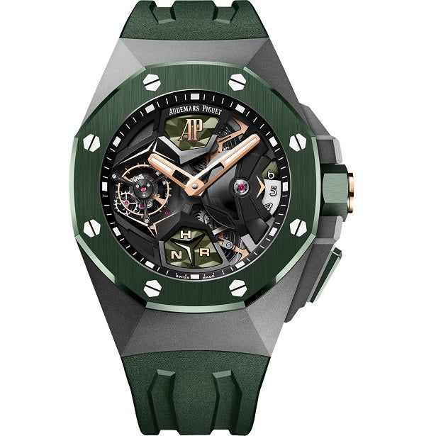 Audemars Piguet Flying_Tourbillon_GMT Luxury watch with green and gray design on a white background