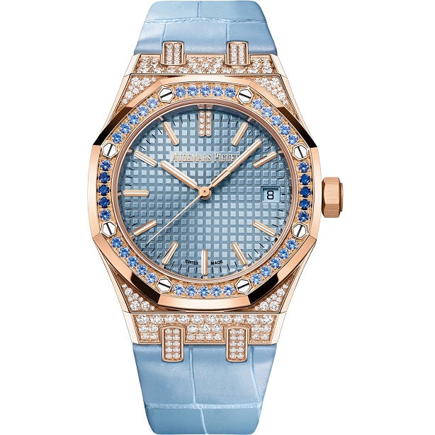 Audemars Piguet Royal-OakSelfwinding Luxury watch with blue strap and rose gold case on a white background