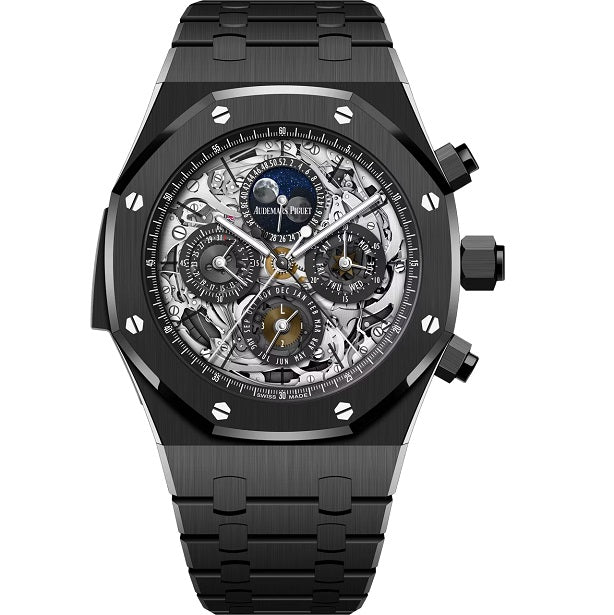 Audemars Piguet RoyalOakGrandeComplication Luxury black watch with detailed face on a white background