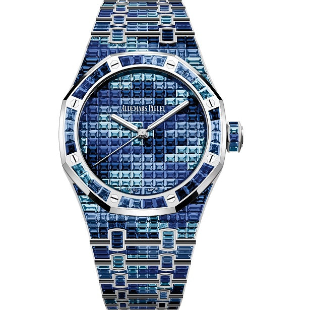 Audemars Piguet RoyalOakSelfwinding Luxury watch with blue mosaic strap and face on a white background