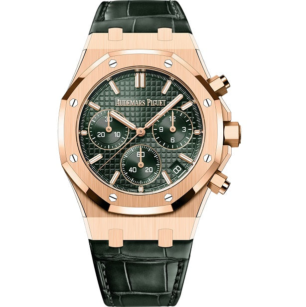 Audemars Piguet RoyalOakSelfwindingChronograph Luxury watch with rose gold case and green dial on a white background