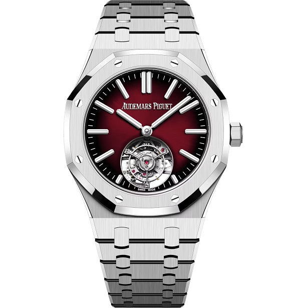 Audemars Piguet RoyalOakSelfwindingFlyingTourbillon Luxury watch with red face and silver metal strap on white background