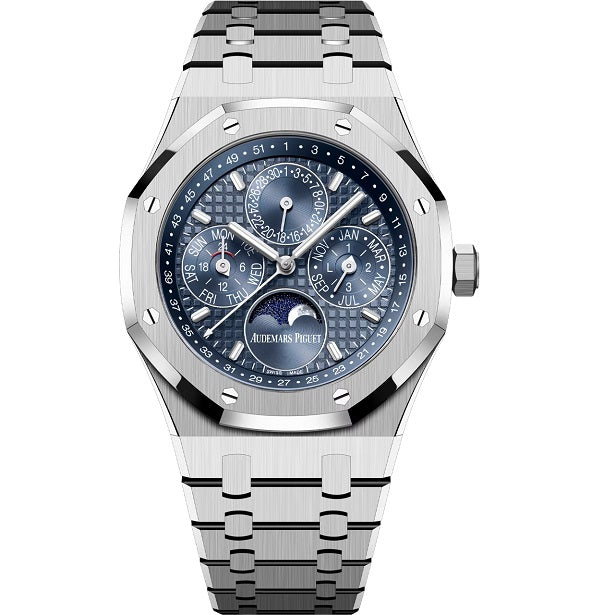 Audemars Piguet RoyalOakSelfwindingPerpetualCalendar Luxury watch with a blue face and silver metal strap on a white background