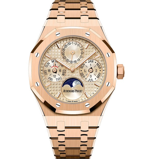 Audemars Piguet RoyalOakSelfwindingPerpetualCalendar Luxury watch with rose gold case and bracelet on a white background