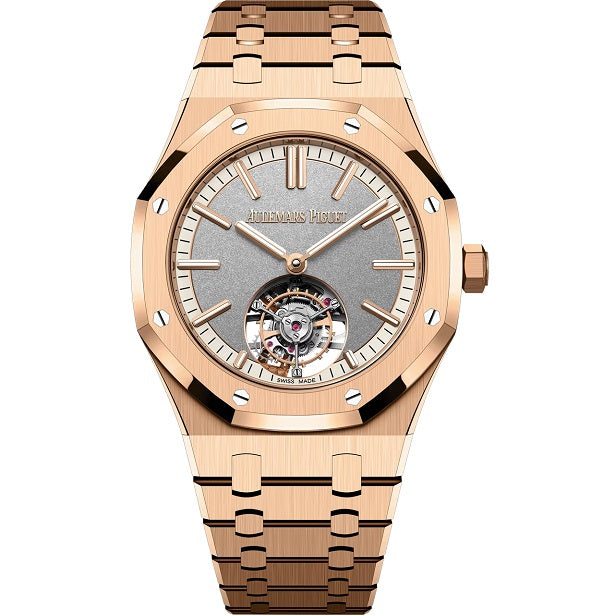 Audemars Piguet RoyalOakSelfwinding FlyingTourbillon Rose gold watch with silver dial on a white background