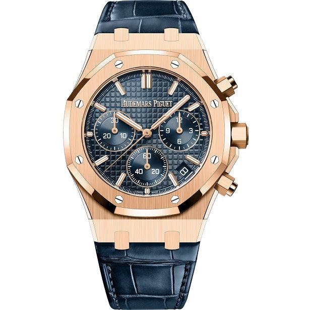 Audemars Piguet RoyalOakSelfwindingChronograph Luxury watch with rose gold case and blue leather strap on a white background