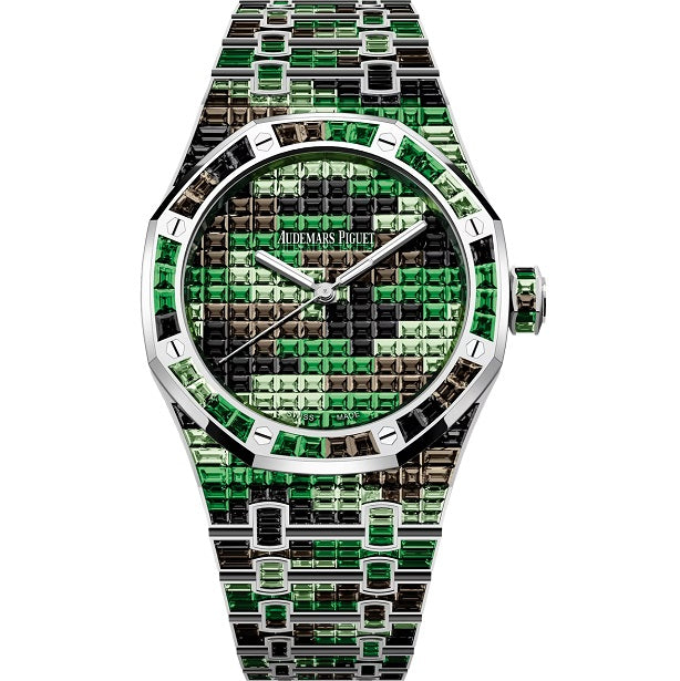 Audemars Piguet RoyalOakSelfwinding Luxury watch with green and black gemstone strap on a white background