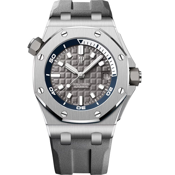 Audemars Piguet Royal_Oak_Offshore_Diver Silver watch with gray strap on a white background