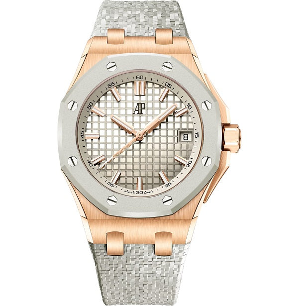 Audemars Piguet Royal_Oak_Offshore_Selfwinding Luxury watch with rose gold case and silver dial on a white background
