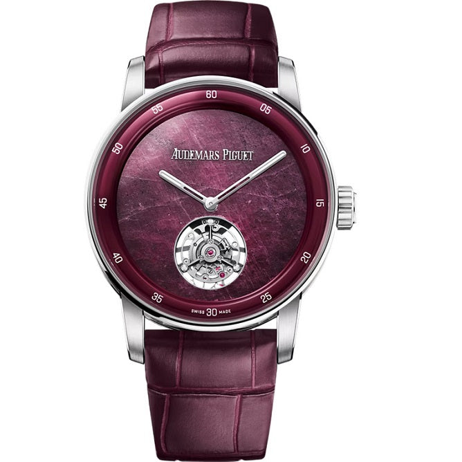Audemars Piguet Selfwinding_Flying_Tourbillon Luxury watch with purple face and leather strap on a white background