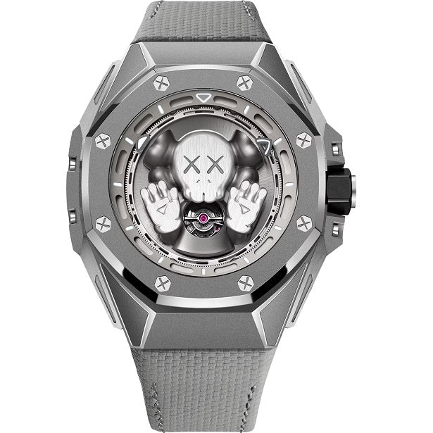 Audemars Piguet Tourbillon_Companion Gray wristwatch with a unique face design on the dial against a white background