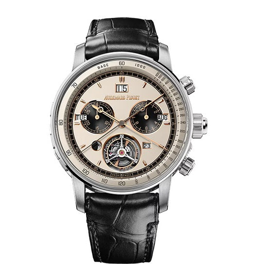 Audemars Piguet ULTRA_complication_universelle_RDLuxury watch with black leather strap and detailed face on a white background