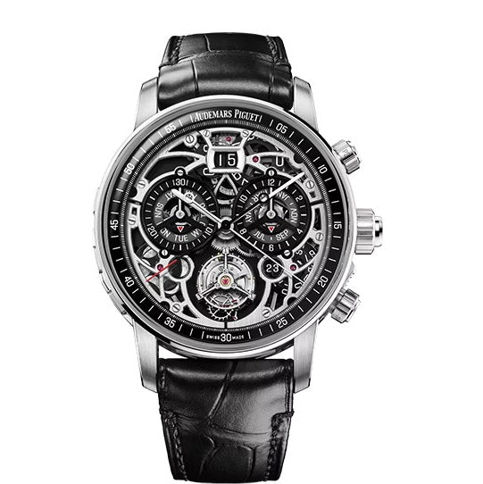 Audemars Piguet ULTRAcomplicationuniverselle_RD-4 Luxury watch with black leather strap and intricate face on a white background