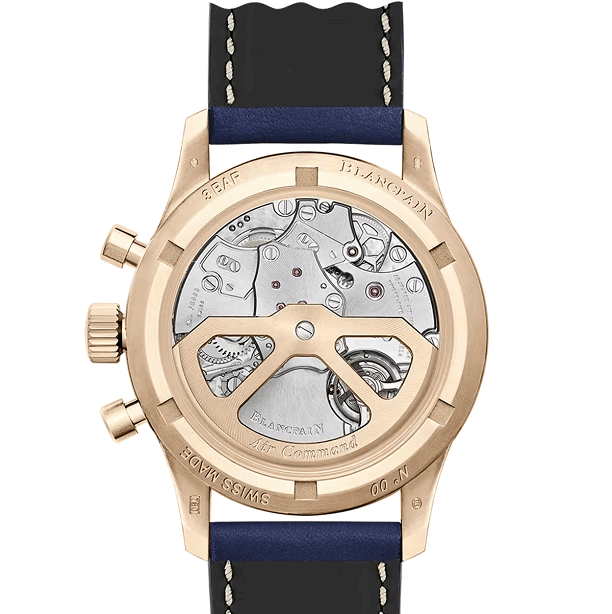 Blancpain AirCommand Watch with blue strap and rose gold case on white background