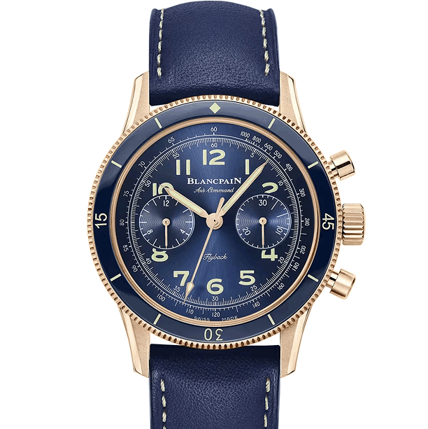 Blancpain AirCommand Blue watch with gold accents on a white background