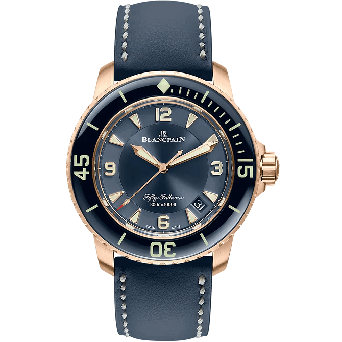 Blancpain FiftyFathomsAutomatique Blancpain watch with blue strap and rose gold case on white background