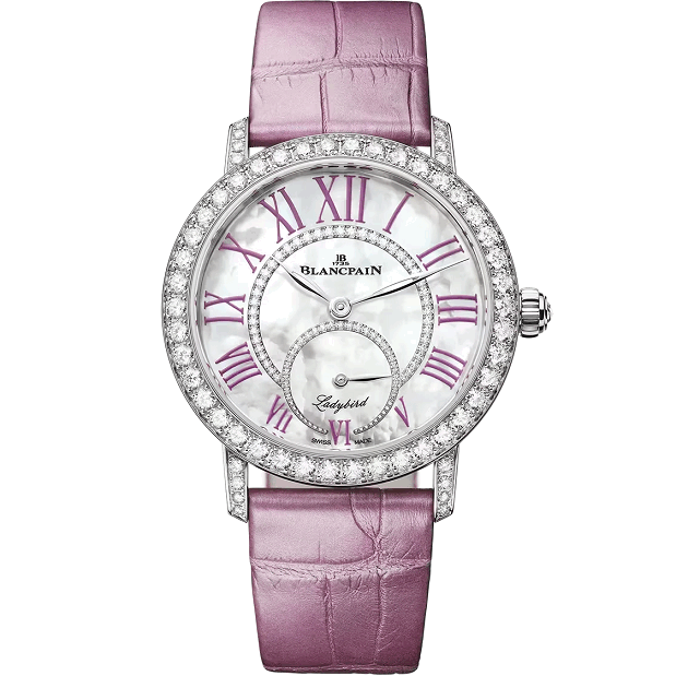 Blancpain Ladybird-Colors watch with pink strap and decorative face on a white background
