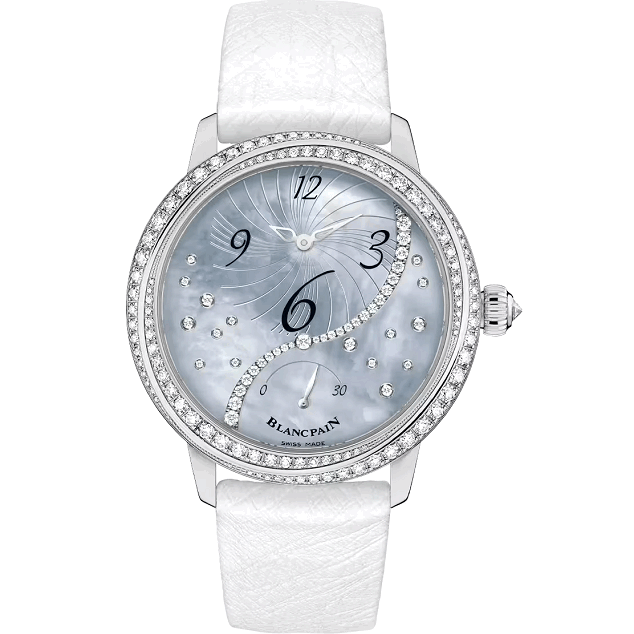Blancpain LadybirdHeureDecentree White wristwatch with a decorative face on a white background