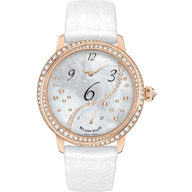 Blancpain LadybirdHeure Decentree  watch with white strap and rose gold case on a white background