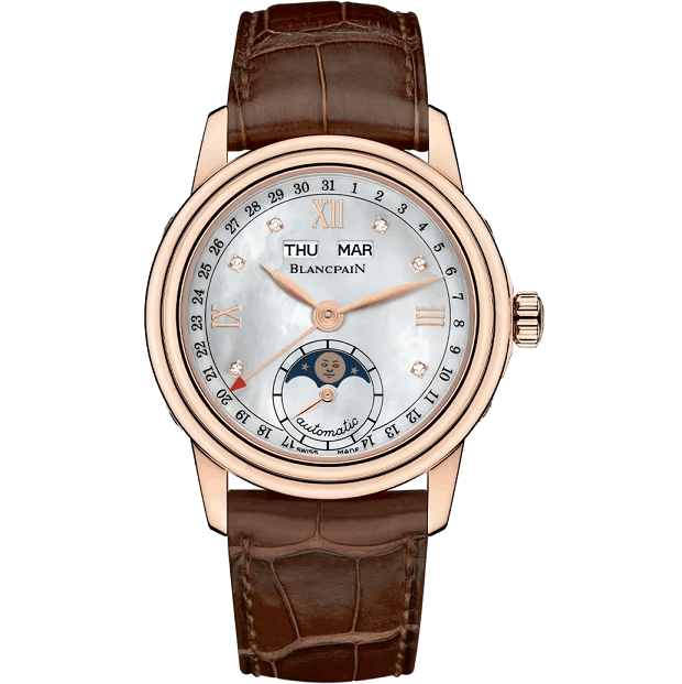 Blancpain LadybirdQuantiemeComplet Luxury watch with brown leather strap and rose gold case on white background