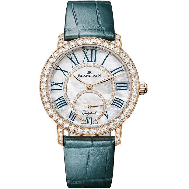 Blancpain Ladybird Colors Luxury watch with green leather strap and white face featuring Roman numerals on a white background.