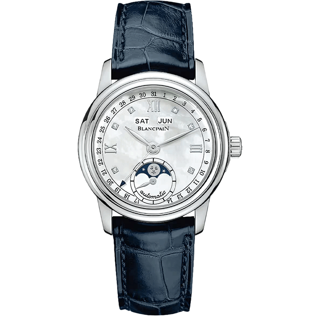 Blancpain LadybirdQuantiemeComplet  watch with blue leather strap on a white background