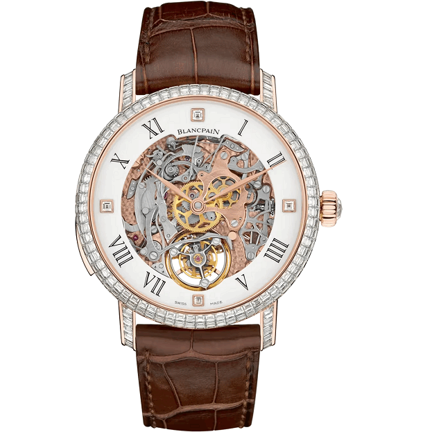 Blancpain VilleretCarrouselRepetitionMinutes Luxury watch with brown leather strap and visible mechanical components on a white background