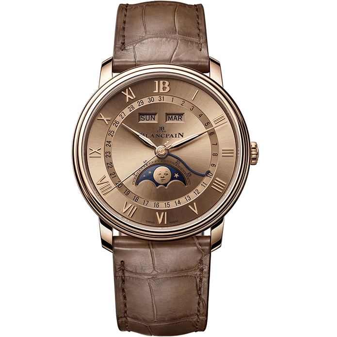 Blancpain VilleretQuantiemeComplet Luxury watch with brown leather strap and detailed face on a white background