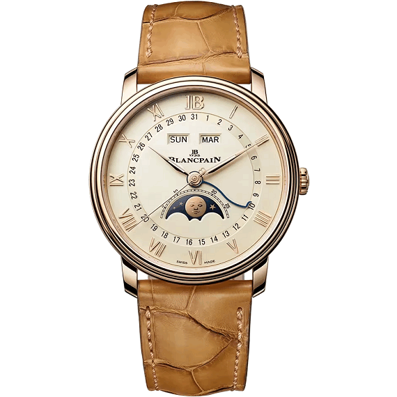 Blancpain VilleretQuantieme Complet Luxury watch with a tan leather strap and detailed face on a white background