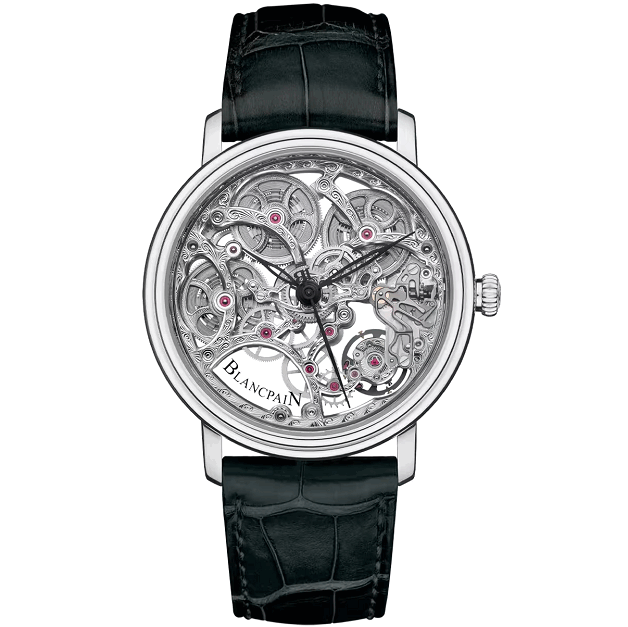 Blancpain VilleretSquelette8Jours watch with black leather strap on a white background