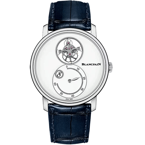 Blancpain VilleretTourbillonHeureSautanteMinutesRetrograde  watch with blue leather strap on a white background