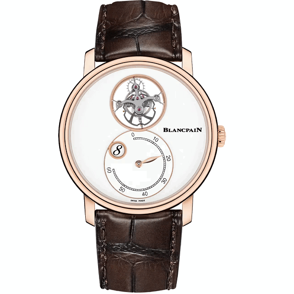 Blancpain VilleretTourbillonHeureSautante MinutesRetrograde  watch with brown leather strap on a white background