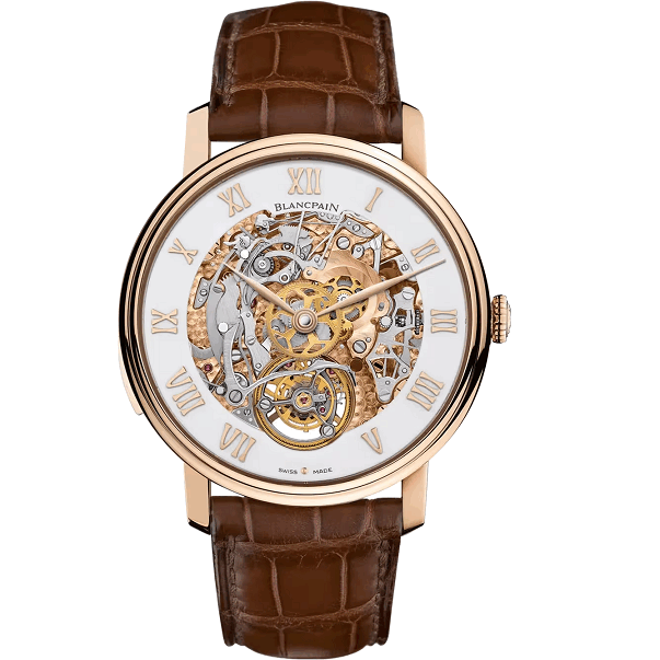 Blancpain VilleretCarrouselRepetitionMinutes Luxury watch with brown leather strap and visible mechanical components on a white background