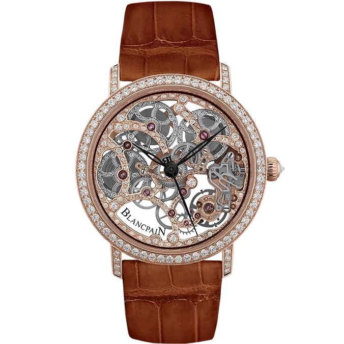 Blancpain Villeret Squelette8Jours Luxury watch with brown leather strap and intricate face on a white background