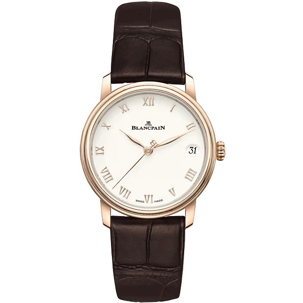 Blancpain Villeret WomenDate watch with brown leather strap and white face on a white background