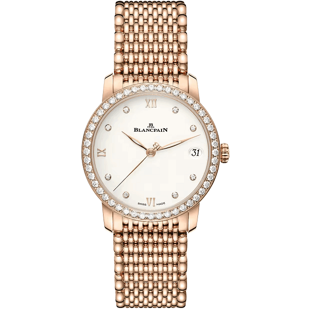 Blancpain Villeret_Women_Date Rose gold watch with diamond-studded face on a white background