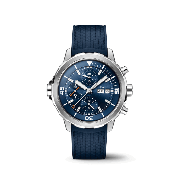 IWC AquatimerAutomatic Blue watch with silver case on a white background