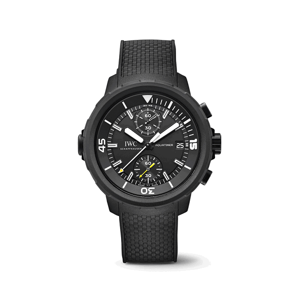 IWC AquatimerChronographEdition_GalapagosIslands Black wristwatch with detailed face on a white background