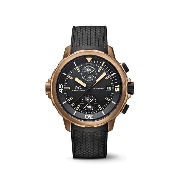 IWC Aquatimer_Chronograph_Edition_Galapagos_Charles_Darwin Luxury watch with black strap and bronze case on a white background