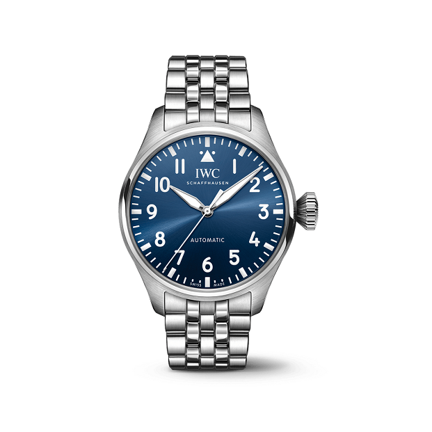 IWC  Big_Pilot_s_Watch_43 Silver watch with blue dial on a white background