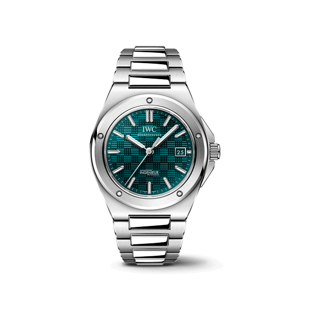 IWC IngenieurAutomatic40 Silver watch with a green face on a white background