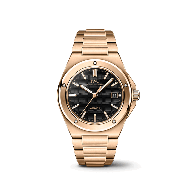 IWC IngenieurAutomatic40 Rose gold watch with black dial on a white background