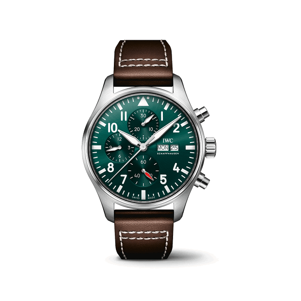 IWC Pilot_sWatchChronograph Watch with green dial and brown leather strap on a white background