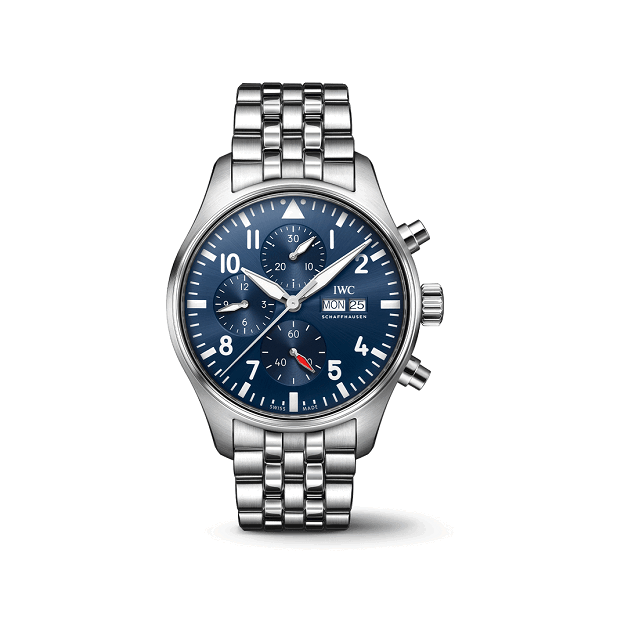 IWC Pilot_sWatchChronograph Silver watch with a blue face on a white background